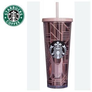 Starbucks 2017 Holiday Plastic Pink LINEWORK Geo Gold cup 24 ounces
